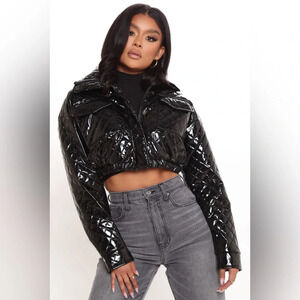 Black Quilted Crop Puffer Jacket